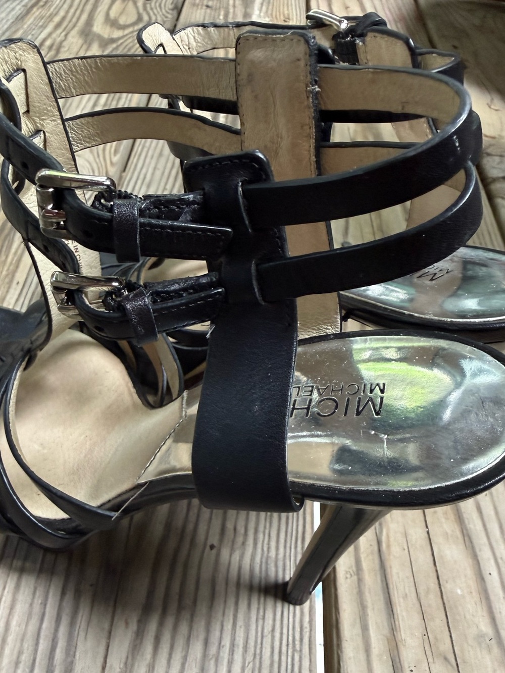 Michael Kors - Women's Y2K Black Leather Strappy High Heel Platform Sandals - Picture 6 of 9